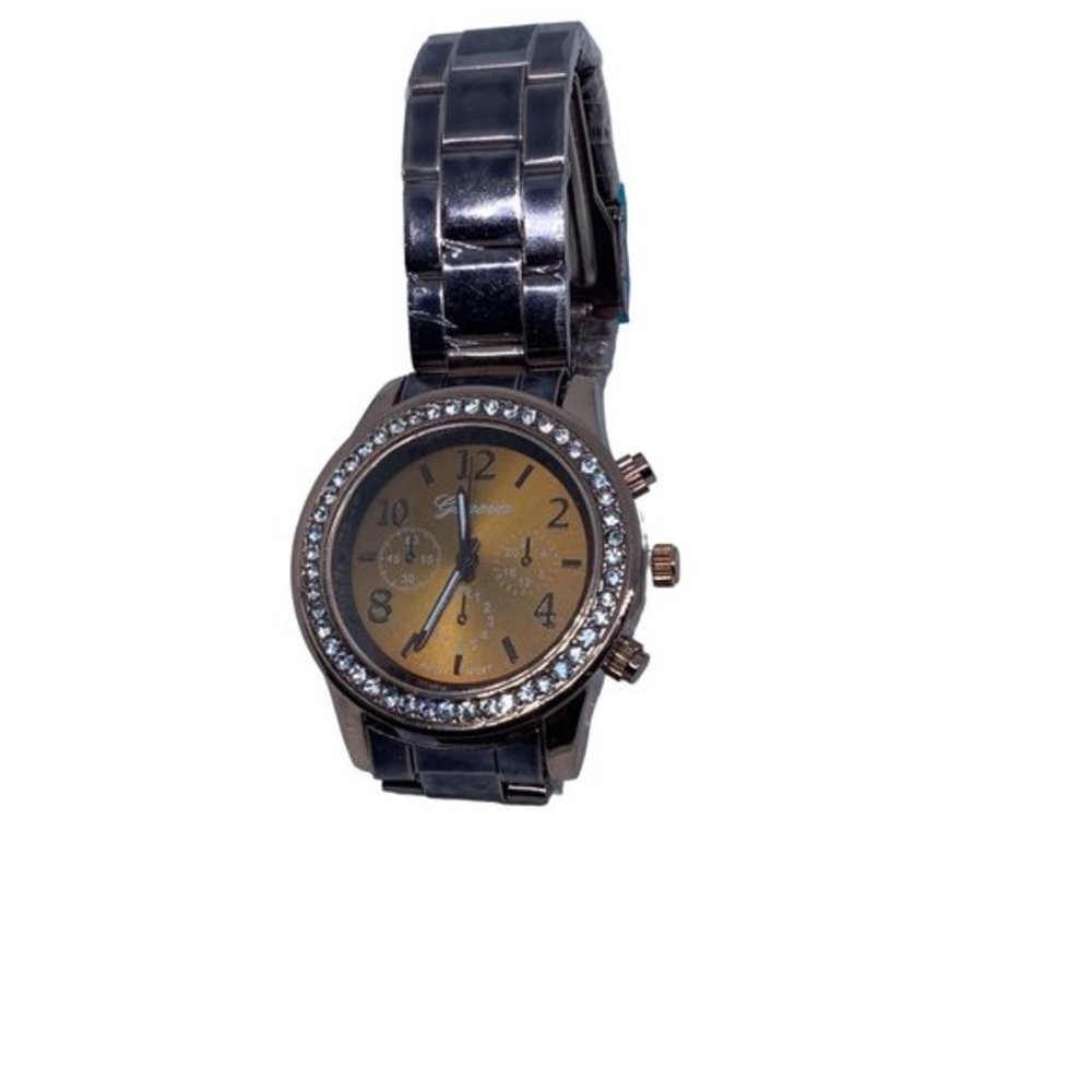 Chocolate Geneva Crystal Rhinestone Chronograph Watch‎ with Metal Link Band